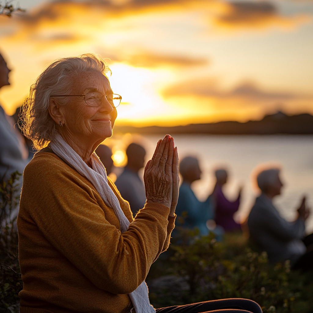 Група людей практикує йогу на березі моря під час ретріту на заході сонця