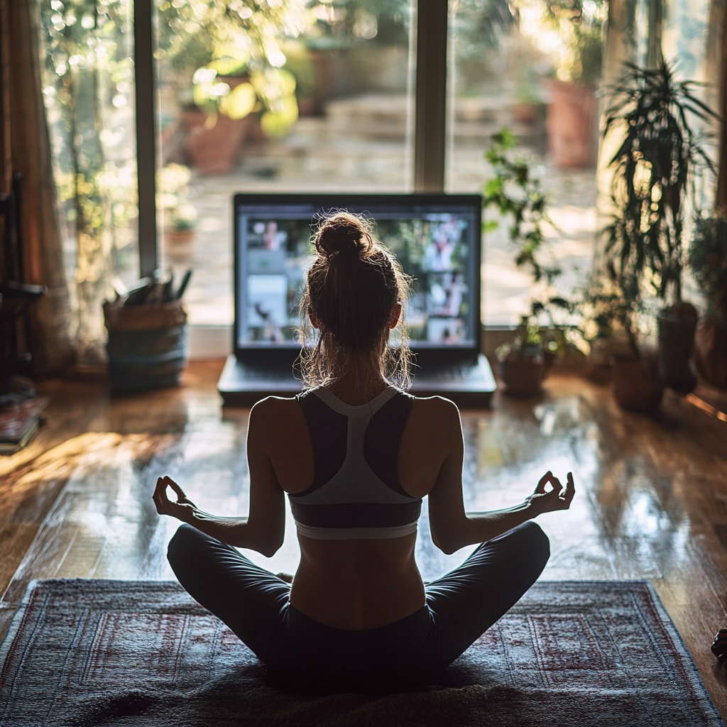 Жінка займається йогою вдома перед ноутбуком під час онлайн заняття